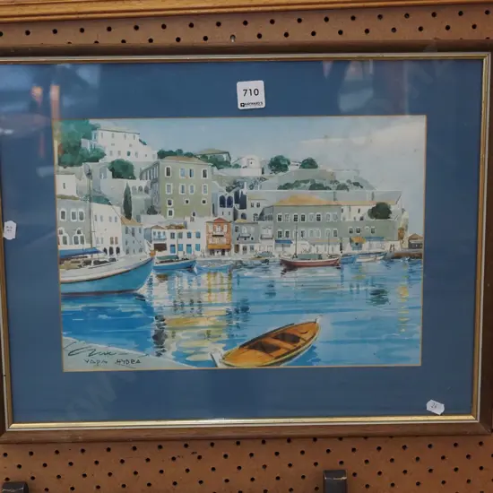 framed watercolour - Mediterranean scene - foxing