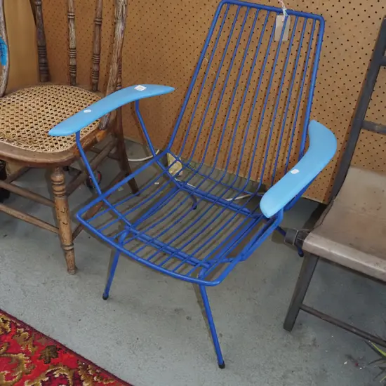 blue painted mid century wood and metal armchair