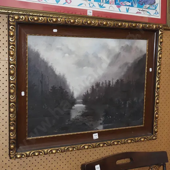 ornate framed oil on board - stream - marks and age