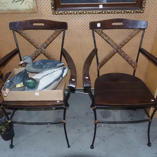 2x wooden and metal armchairs