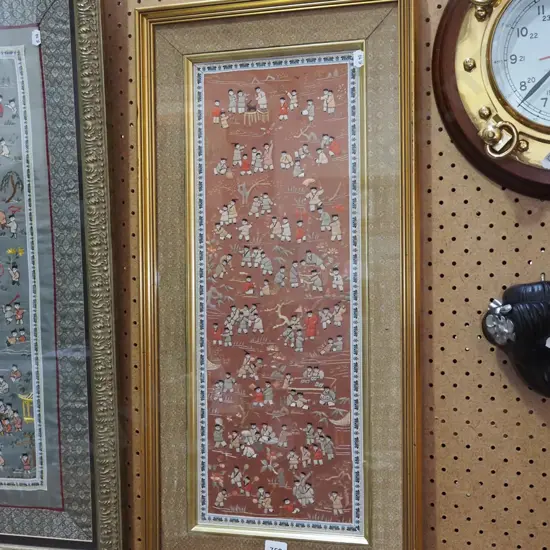 framed detailed needlework on silk H-640