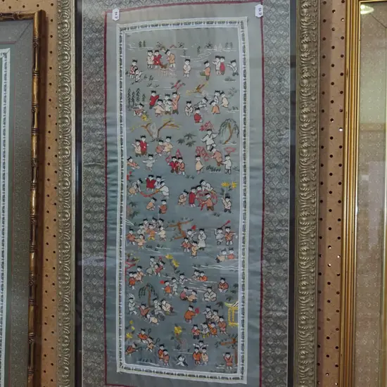 framed detailed needlework on silk H-720