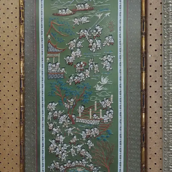 framed detailed needlework on silk H-670