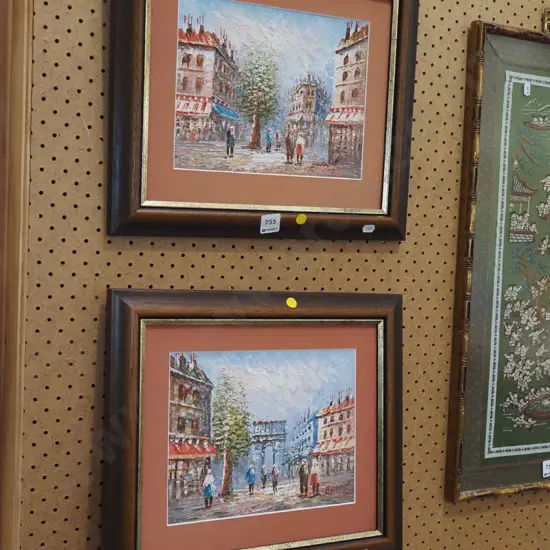 2x oil on boards - Parisian scenes - yellow dots