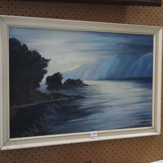 framed oil - lake and mountain scene - framing needs attention