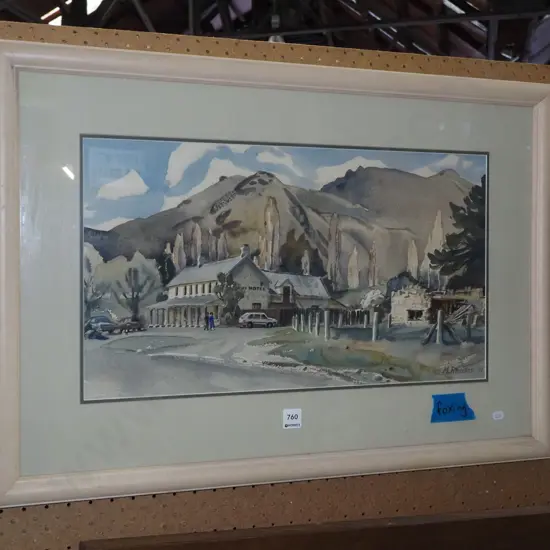 M Rhodes - framed watercolour - country pub scene - foxing 