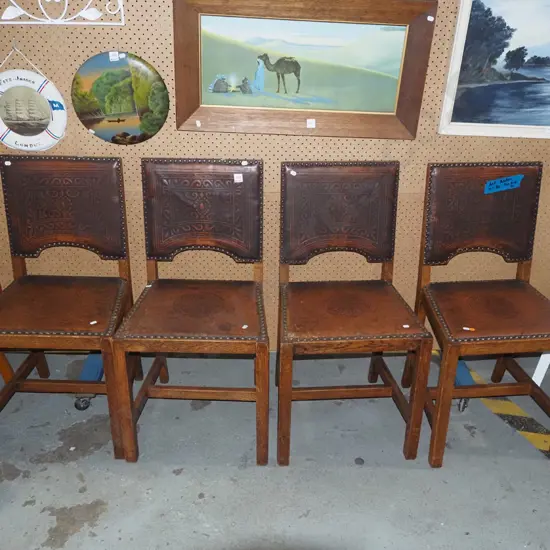 4 tooled leather oak dining chairs