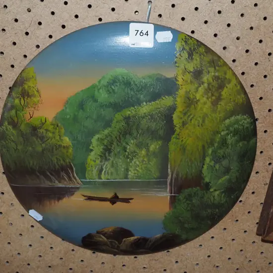 painted convex wooden disc - boat 