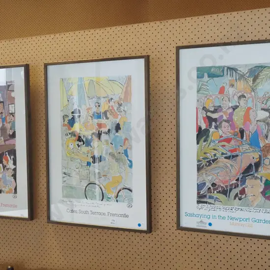 3x Murray Gill framed poster prints - Freemantle - blue dots