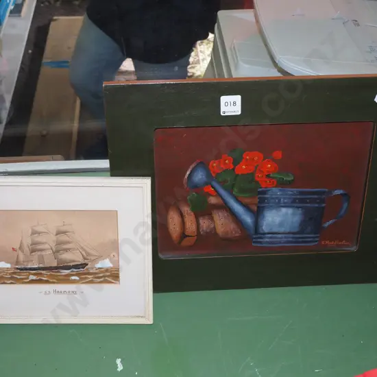framed watercolour - SS Harmony, oil on board - watering can