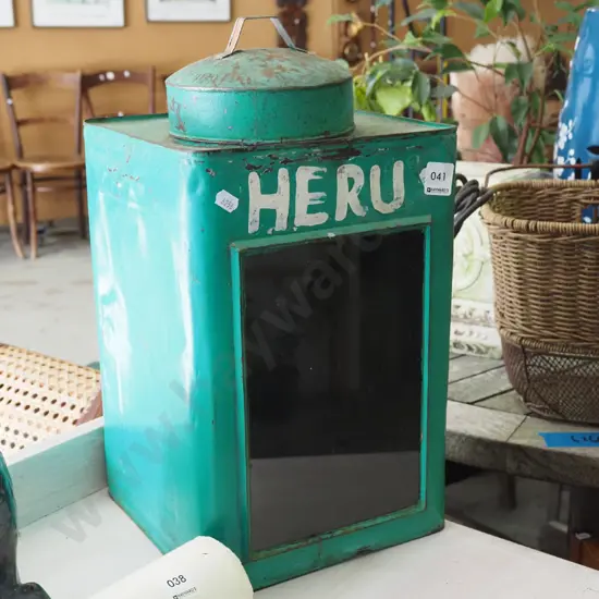 green metal glass fronted candle lantern/storage canister