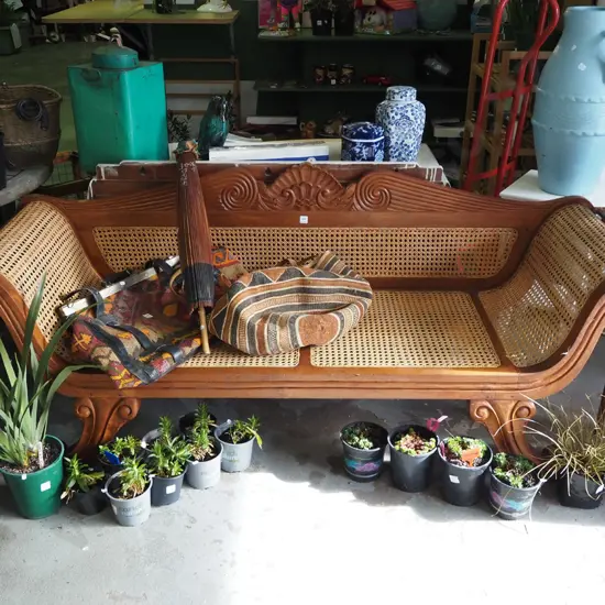 Roman style hardwood and rattan 2 seater settee H-800 W-1900 D-610