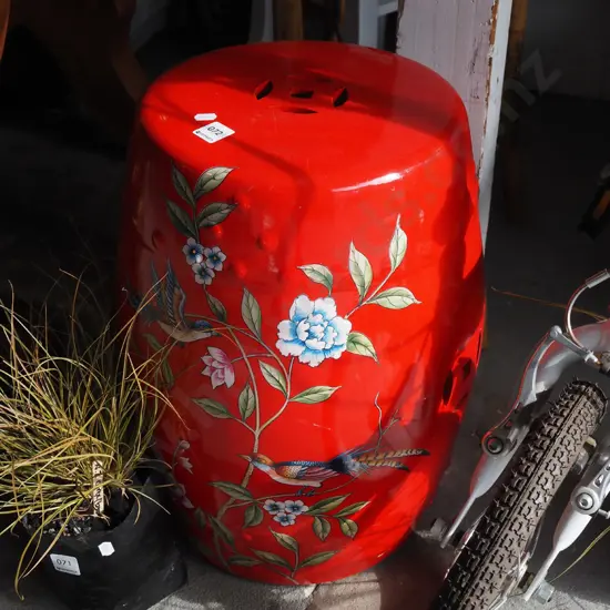 red and floral Chinese garden seat