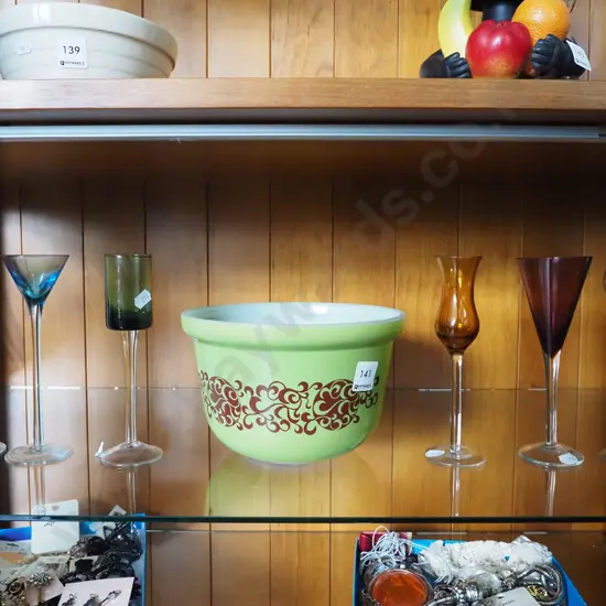 coloured stem glasses, retro pyrex mixing bowl
