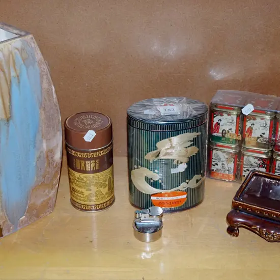 various Chinese teas, elephant themed trickle glaze vase, small table cigarette lighter