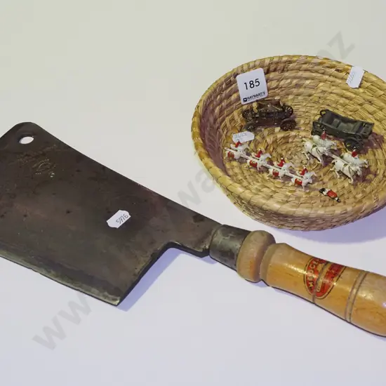 cane tray and contents, butcher's cleaver