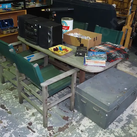 solid outdoor table with 4 matching green canvas chairs H-730 W-1600 D-880