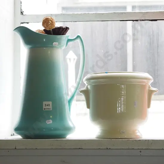 footed jardiniere - chips to interior rim, teal water jug H-320