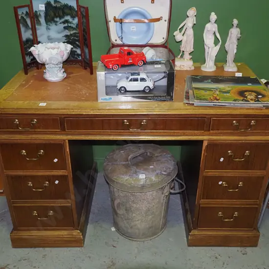 restorer's mahogany and leather top desk - damage to veneer H-775 W-1245 D-635