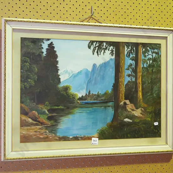 R Brown 1965 - oil on board - lake and mountain scene