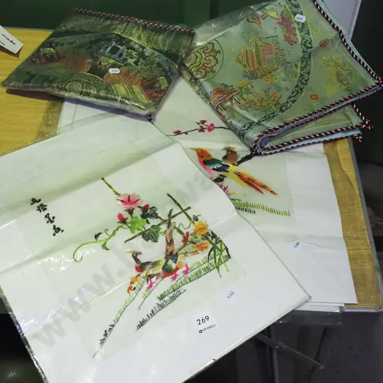 6x unframed Asian needleworks, 3x tablecloths