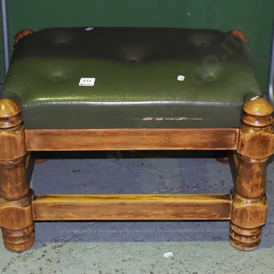 pine and green vinyl deep buttoned footstool