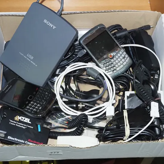 box; blackberry phones, external disc drives, cords etc