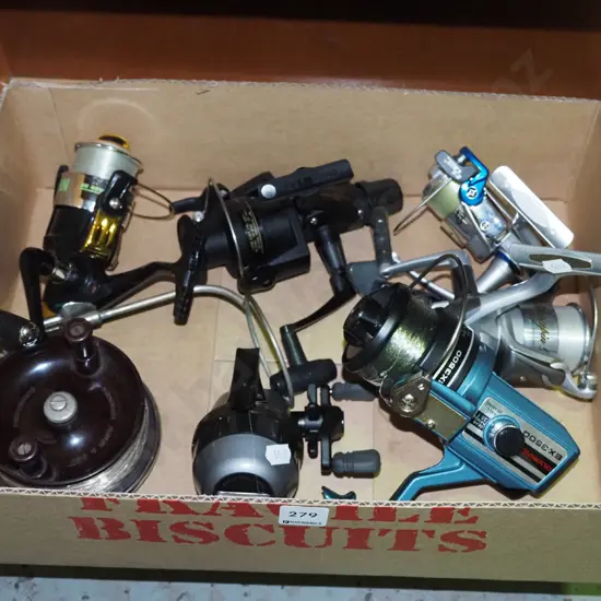 box of fishing reels