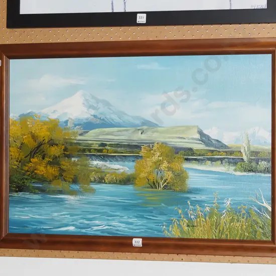 framed oil - river and mountain scene