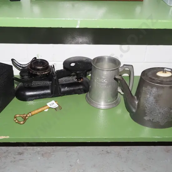 teapots, scales, brass key etc