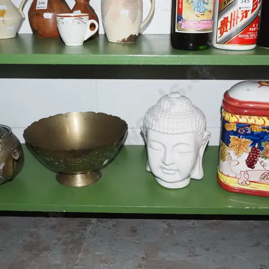 shelf; ceramic biscotti canister, buddha head etc