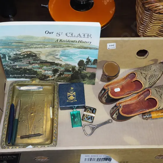 box; St Clair historical book, small leather shoes etc