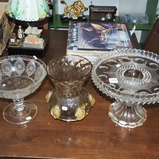 glass comport, footed cake stand, glass vase