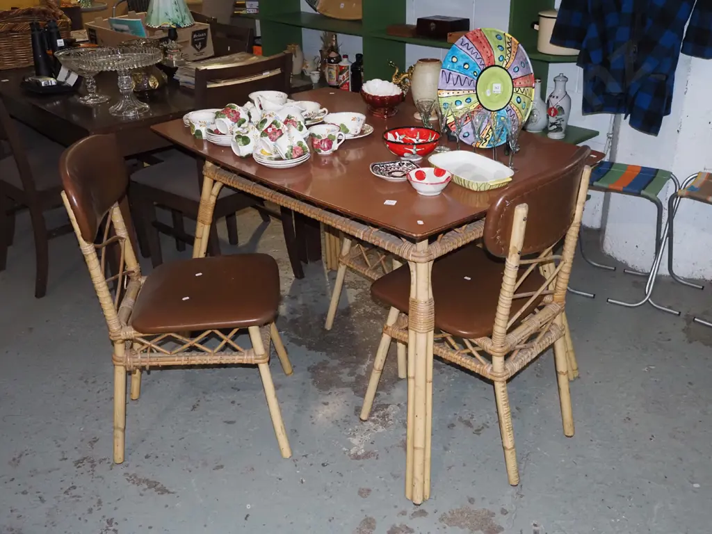 very retro bamboo and formica top dining table, 3 vinyl chairs Image 1++