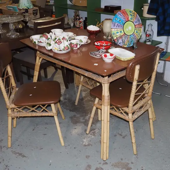 very retro bamboo and formica top dining table, 3 vinyl chairs