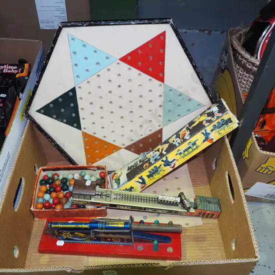 box; vintage Chinese checkers, tin toys