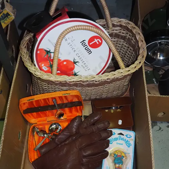 box; plastic basket, casserole, cased cutlery, gloves etc