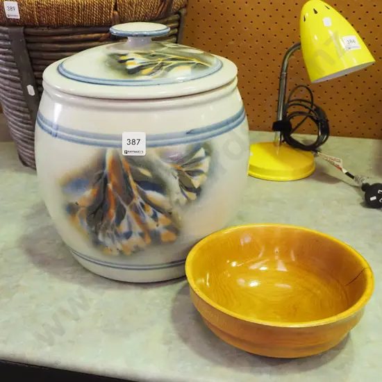 large lidded storage crock, turned wood bowl