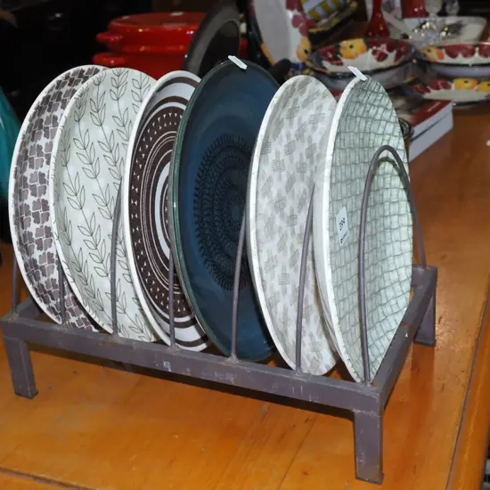 metal plate rack, various Crown Lynn plates