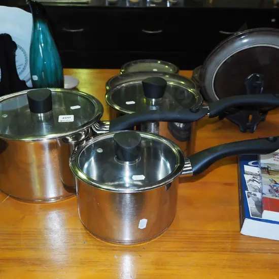 3x Hampton & Mason glass lidded stainless steel pots