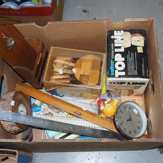 box; Salter kitchen scales, mantle clock, letter rack etc