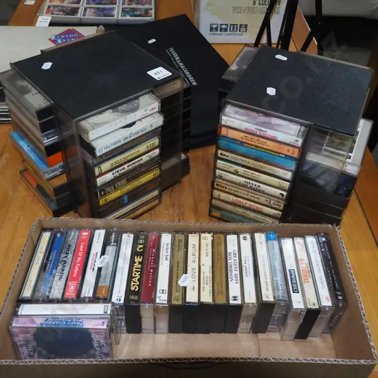 2x small tape cassette towers, box of books
