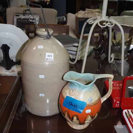 trickle glazed jug - chips, timaru Potteries crock