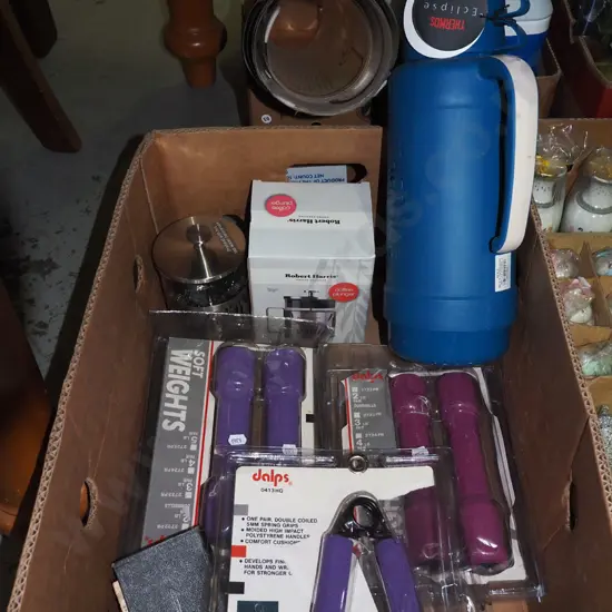 box; exercise weights, thermos, coffee plunger