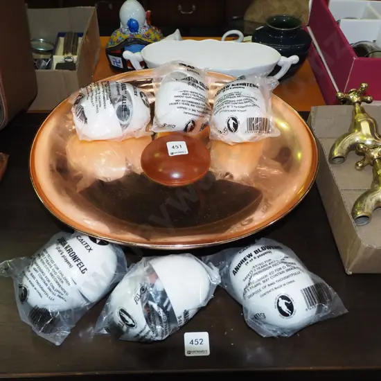 retro copper and wood fruit, 6x Caltex rugby figurines