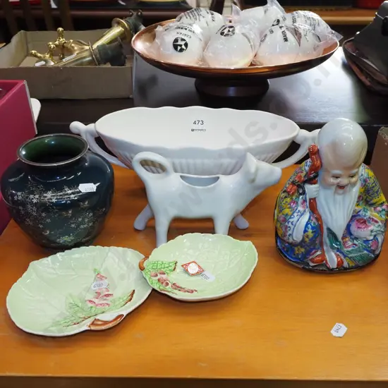 Chinese figurine, vases, cow creamer etc