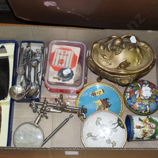 box; trinket boxes, fishing tie stand, cutlery etc