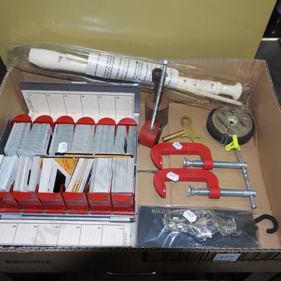 box; recorder, watch, 35mm film slides, C-clamps etc