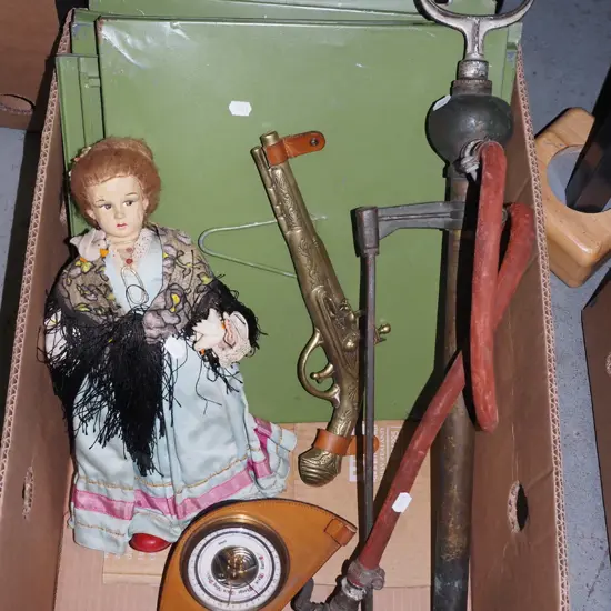 box; reproduction pistol, thermometer etc