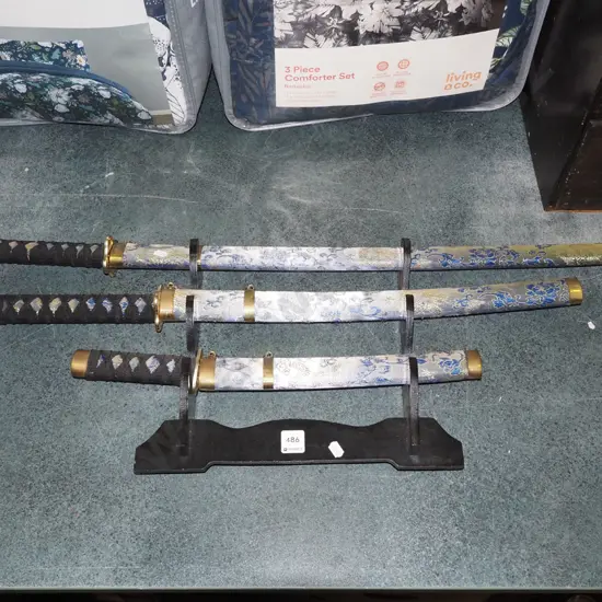 Japanese 3 piece sword set on stand